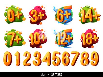 Age limit or restriction vector icons and signs. Cartoon bubbles, kids age year numbers, colorful paint splashes and spots, stars and comic clouds, vi Stock Vector