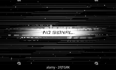 Screen glitch with no signal message, television broadcast fail. Monochrome pixels noise and lines on monitor vector background. TV signal loss, conne Stock Vector