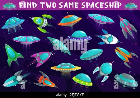 Find two same ufo or alien starship kids game worksheet. Cartoon vector ...
