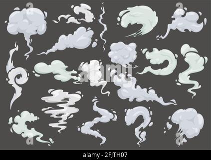 Cartoon clouds and smokes, vapor, smog and dust design effects. Vector comic explosion smoke, car toxic gas trace or fog, burst different shapes air t Stock Vector