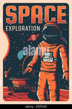 Astronaut in outer space, universe exploration vector retro poster. Cosmonaut galaxy explorer in spacesuit stand on red planet surface with rover. Mar Stock Vector