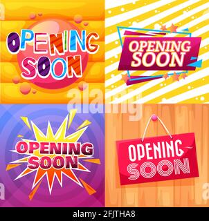 Opening soon cartoon banners and signs for shop or store, vector. Grand opening soon banners with cartoon boom stars and bubbles, open ceremony or cel Stock Vector