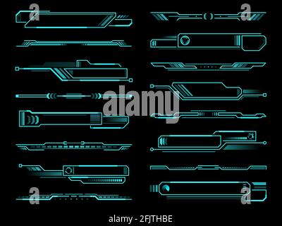 HUD futuristic info box, display and borders interface elements. Vector information screen panels, tech digital bars, neon colored ui design for game Stock Vector