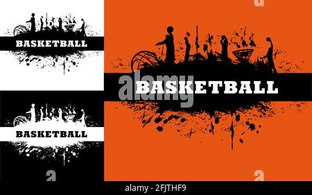 Basketball tournament grunge background with dirt or ink vector splatters or splashes, silhouettes of players jumping with ball, doing slam dunk shot Stock Vector