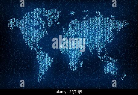 Digital code world map background in vector global earth network. Wold map in neon light blue pixels on digital display screen, worldwide connection a Stock Vector