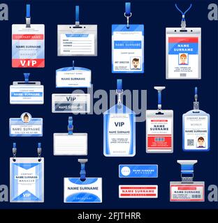 Identification ID badges and cards vector design of holders with neck lanyard and retractable reel clips. Name tags and access cards with photo, emplo Stock Vector