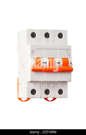Three pole circuit breaker for low voltage electrical installations isolated on white background Stock Photo