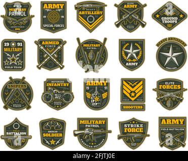 Military and army patches or icons, vector chevrons for sniper, shooter, motorized infantry and elite forces. Field battalion, shooters and military p Stock Vector