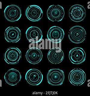HUD compass, aim control panel or navigation interface. Futuristic vector optical round aiming, sci-fi spaceship dashboard neon glowing elements. Mode Stock Vector