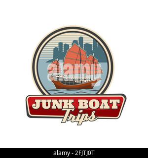 Junk boat with red sail, Hong Kong travel icon, vector sailboat in Chinese harbor. Retro emblem for traveling agency service, asian marine trip on vin Stock Vector