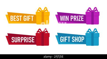 Set of brigt price tags or label stickers with gift box and origami paper label, isolated Stock Vector