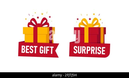 Icons of gift box in perspective, simple garphic in red and yellow bright colors with ribbon and confetti and origami paper with copy, isolated Stock Vector