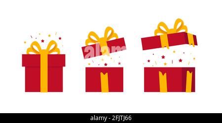 Set of festive gift box, red box wrap and yellow ribbon, closed and open with bright confetti, isolated Stock Vector