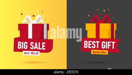 Promo banners with gift boxes and folded paper with advertising discount copy, two bright simple illustrations icon style Stock Vector