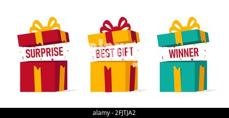 Set of open gift boxes with confetti pooping out of it with big text copy, isolated Stock Vector