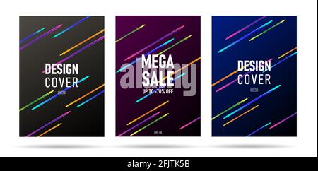 Set of digital banners or posters with bright neon comet track, space science pamphlet cover design or sale on dark backdrop Stock Vector