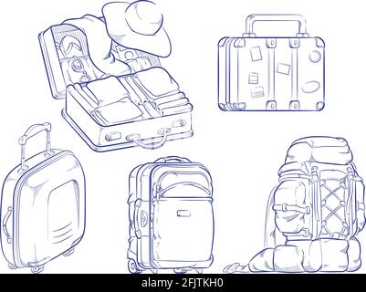 Sketch Vacation Travel Suitcase Bag Doodle Outline Vector Drawing Stock Vector