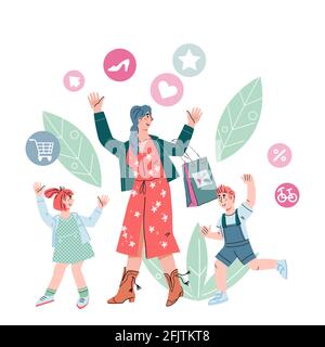 Cheerful family of mother with children going shopping, cartoon vector illustration isolated on white background. Happy buyers or shoppers characters. Stock Vector