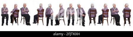 line of large group of same senior woman sitting on white background Stock Photo