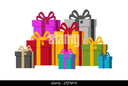 Big pile of colorful gift boxes wrapped in solid bright color paper with bright solid color ribbons, simple flat perspective graphic, isolated Stock Vector