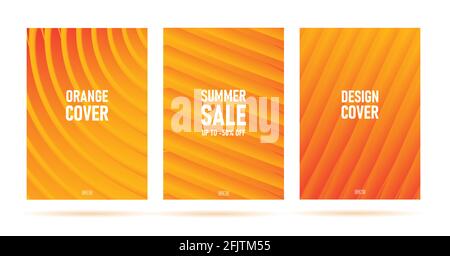 Set of posters with bright sunny orange backdrops with abstravt striped 3d textures, pamphlet cover Stock Vector