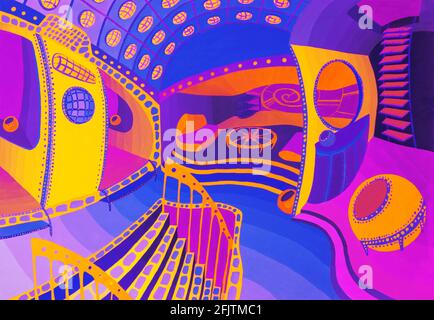 Abstract interior neon illustration. Yellow submarine fantasy psychedelic room. Indoor vintage style template, decor apartment retro hand drawn background in yellow, blue, purple vibrant colors Stock Photo