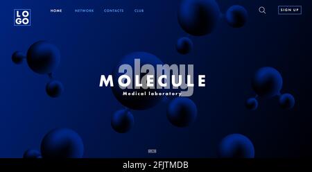 Web site landing page with abstract science background of 3d round molecules in dark blue color with interface elements, stylish backdrop Stock Vector