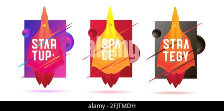 Startup business project leaflet or poster set with stylized illustration of the rocket ship flying outside of the box Stock Vector