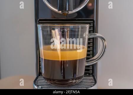 Making strong coffee with espresso machine at home. Front view. Stock Photo
