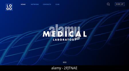 Landing page banner with dna spiral on dark blue background, medical center or laboratory website with menu, logo and interface elements Stock Vector