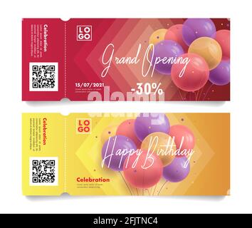 Set of leaflets or torn-off admission tickets with 3d Realistic Colorful Bunch of Birthday round Balloons, event invitation, grand opening celebration Stock Vector