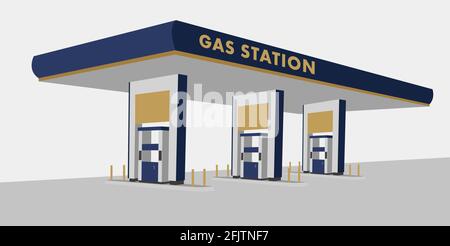 Gas station illustration, gas columns service building in perspective view in blue and golden brown colors, simple garphic Stock Vector