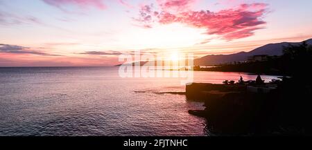 Bright coral dawn on the sea. Beautiful scenery Stock Photo