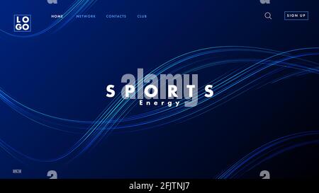 Landing page banner with dark blue background with fluid spiral waves, water and sport website with menu and interface elements, digital wallpaper Stock Vector