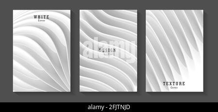 Set of white monochrome posters with 3d elements forming realistic structure or architecture texture, modern leaflet cover or banner backdrop design Stock Vector