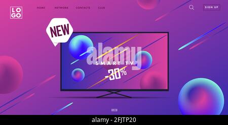 Web site landing page with 3d smart tv illustration and interface elements, gadget advertising promo banner in ultraviolet neon colors with new label Stock Vector