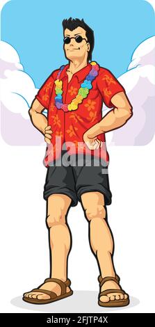 Tropical Island Tourist Hawaii Traveling Vacation Cartoon Drawing Stock Vector