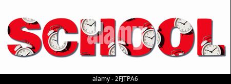 Inscription School made with white alarm clock on red background. Wake up alert concept. Text for your design. Back to school concept. Minimalist Stock Photo