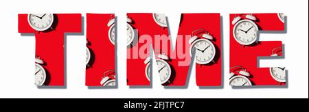 Inscription Time made with white alarm clock on red background. Wake up alert concept. Text for your design. Back to school concept. Minimalist style Stock Photo