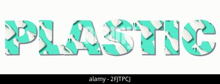 Inscription Plastic made with plastic bottles pattern of cleaning products on blue background. Plastic waste. Chemical cleaning supplies. Stop plastic Stock Photo