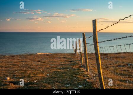 A barbed wire fence lit by evening sunlight on the edge of the cliffs on Rough Brow (1) Stock Photo