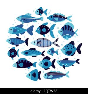 Vector background with hand-drawn cute fishes. Round composition. Organic flat style. Black and blue color palette. Stock Vector