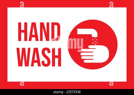 Hand wash sign with text. Red background. Perfect for Office, school, restaurant, public places, mall etc. Stock Vector