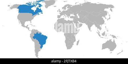Brazil, Canada countries isolated on world map. Gray background. Geographical maps and Wallpapers. Stock Vector