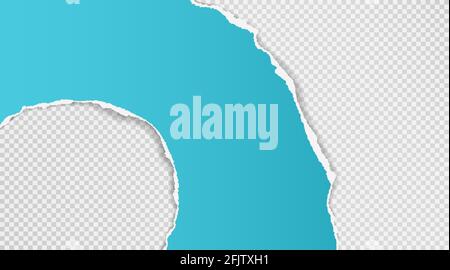 Torn, ripped vertical turquoise paper strip with soft shadow is on squared background for text. Vector illustration Stock Vector