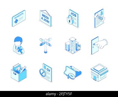 Unemployment and crisis - modern line isometric icons set. HR and job search idea. Fired sign, no money in a purse, house for rent, rejected resume, o Stock Vector