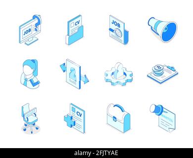 Job search - colorful isometric line icons set. HR and employment idea. Company website, resume in a folder, megaphone, portfolio, female worker, open Stock Vector