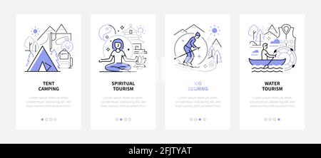 Active travel - modern line design style web banners with copy space for text. Tent camping, ski touring, water and spiritual tourism carousel posts. Stock Vector