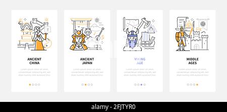 History periods - modern line design style web banners with copy space for text. Symbols of Ancient China and Japan, vikings and Middle ages carousel Stock Vector
