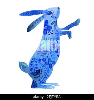 Blue Watercolor Rabbit silhouette decorated by flowers and plants. Decorated Easter Card. Blue Bunny. Isolated. Easter Flowers And Plants Folk Style Stock Photo